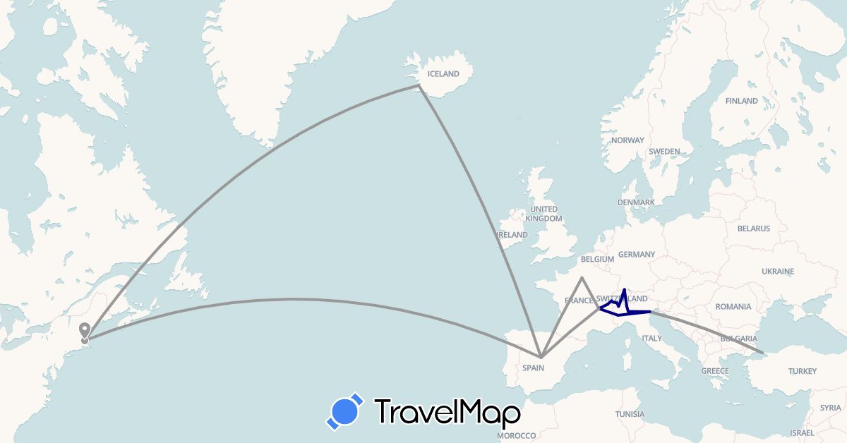 TravelMap itinerary: driving, plane in Switzerland, Spain, France, Iceland, Italy, Turkey, United States (Asia, Europe, North America)